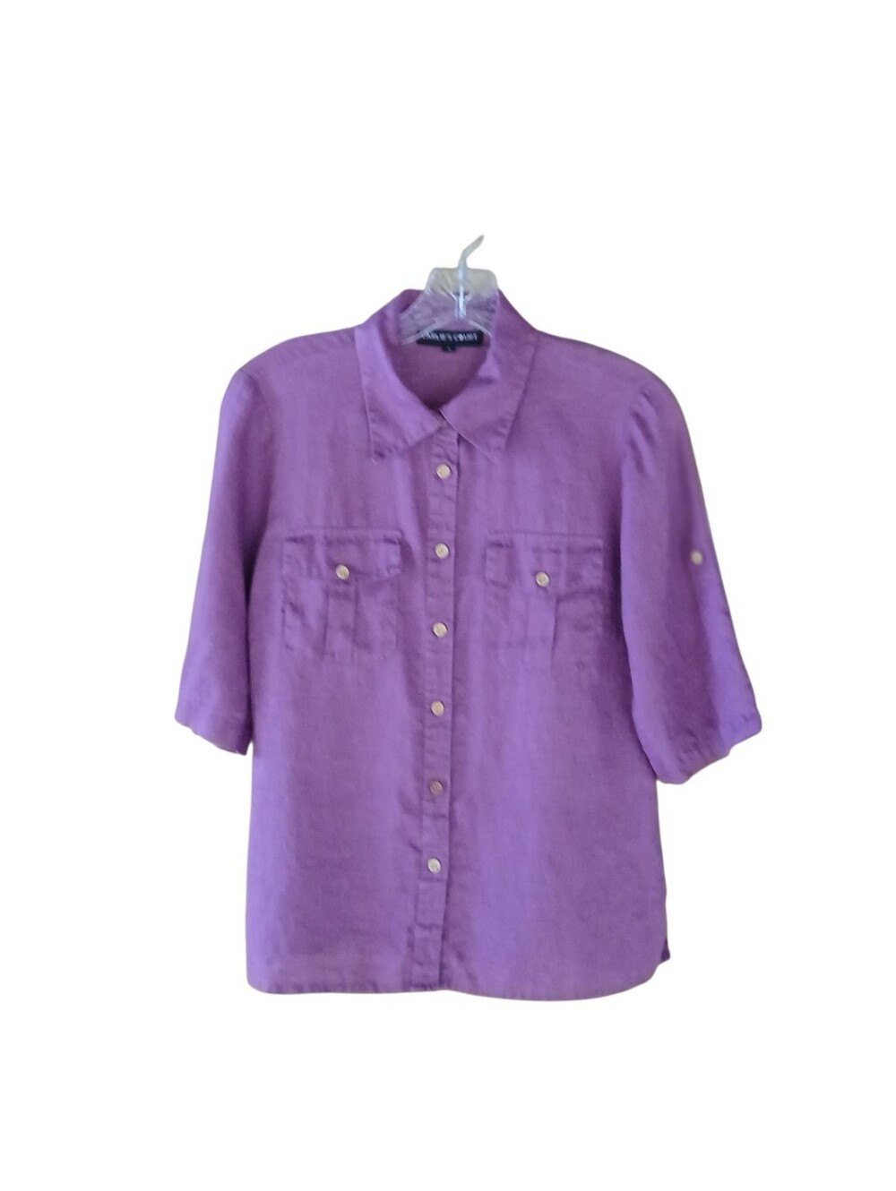 Carlie's Court Orchid Purple Elbow Sleeve Button Down Linen Shirt Small